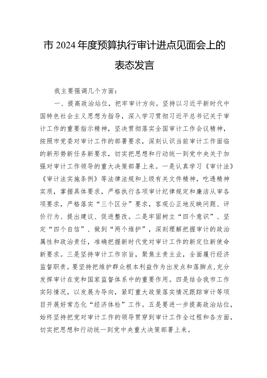 市2024预算执行审计进点见面会上的表态发言(2).docx_第1页