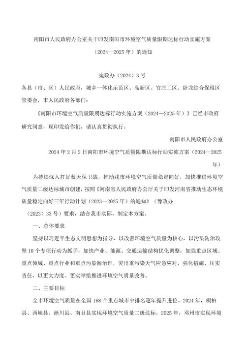 南阳市人民政府办公室关于印发南阳市环境空气质量限期达标行动实施方案(2024—2025年)的通知.docx