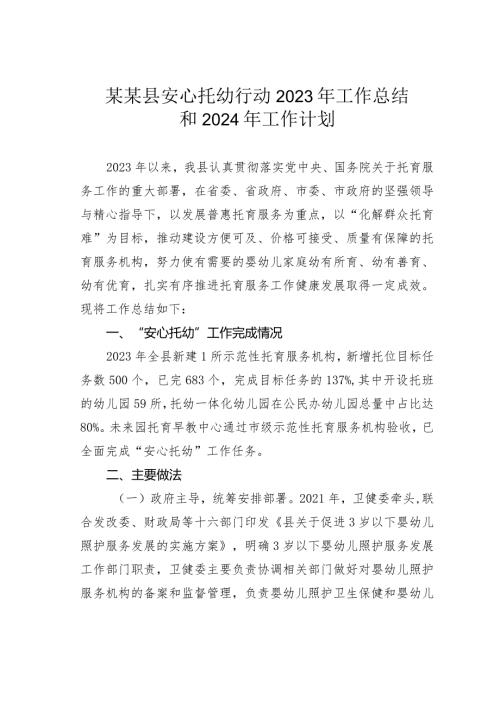 某某县安心托幼行动2023年工作总结和2024年工作计划.docx