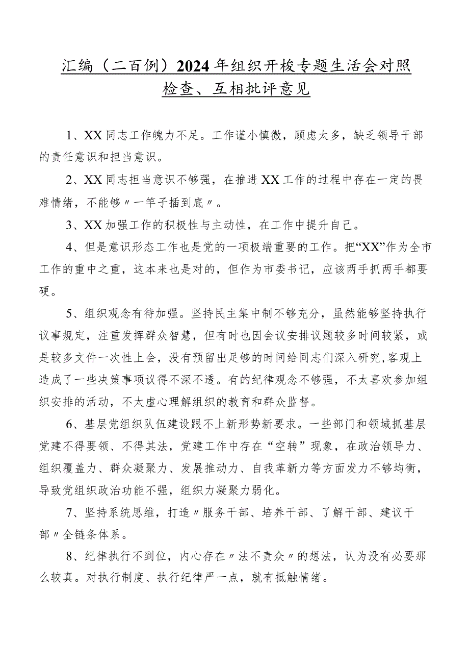 汇编（二百例）2024年组织开展专题生活会对照检查、互相批评意见.docx_第1页
