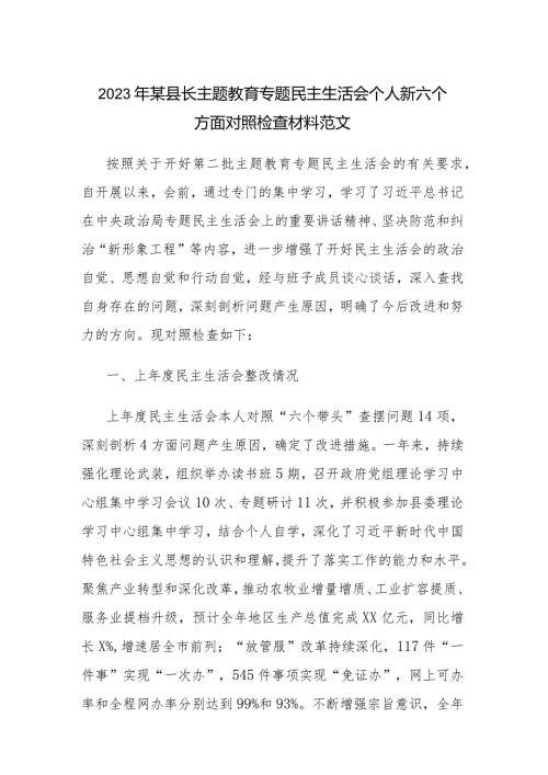 2023年某县长主题教育专题民主生活会个人新六个方面对照检查材料范文.docx