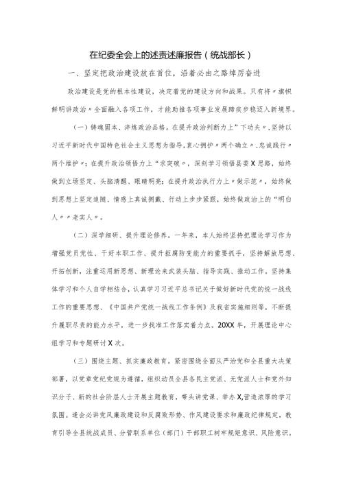 在纪委全会上的述责述廉报告（统战部长）.docx