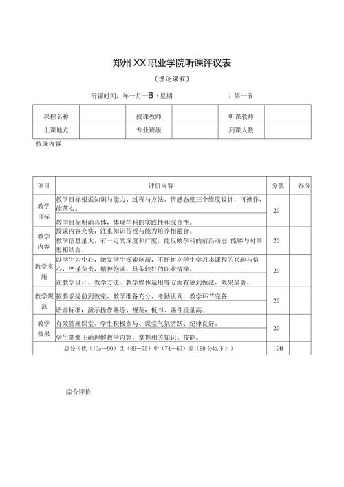 郑州XX职业学院听课评议表（理论课程）（2024年）.docx