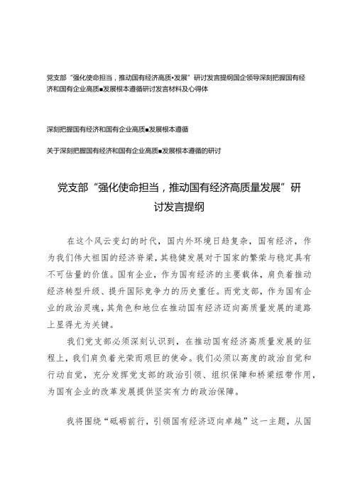 （4篇）2024年党支部国企领导“强化使命担当推动国有经济高质量发展”研讨发言提纲.docx