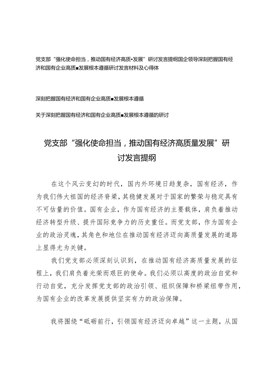 （4篇）2024年党支部国企领导“强化使命担当推动国有经济高质量发展”研讨发言提纲.docx_第1页