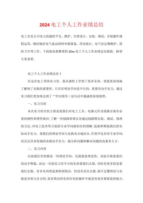 2024电工个人工作业绩总结.docx