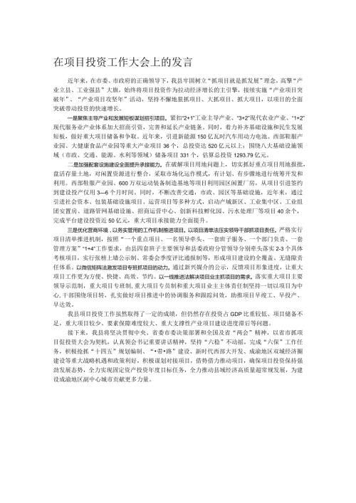 在项目投资工作大会上的发言.docx