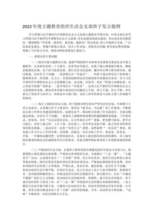 2023主题教育组织生活会支部班子发言提纲.docx