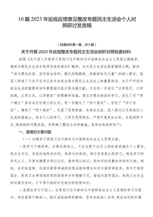 10篇2023年巡视反馈意见整改专题民主生活会个人对照研讨发言稿.docx