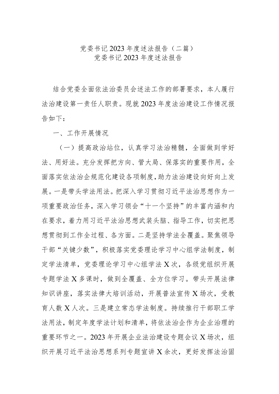 党委书记2023述法报告(二篇).docx_第1页