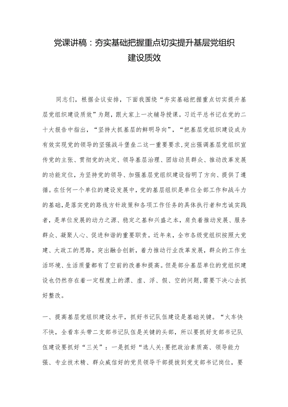 党课讲稿：夯实基础把握重点切实提升基层党组织建设质效.docx_第1页