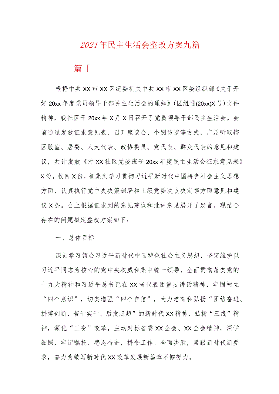 2024年民主生活会整改方案九篇.docx_第1页