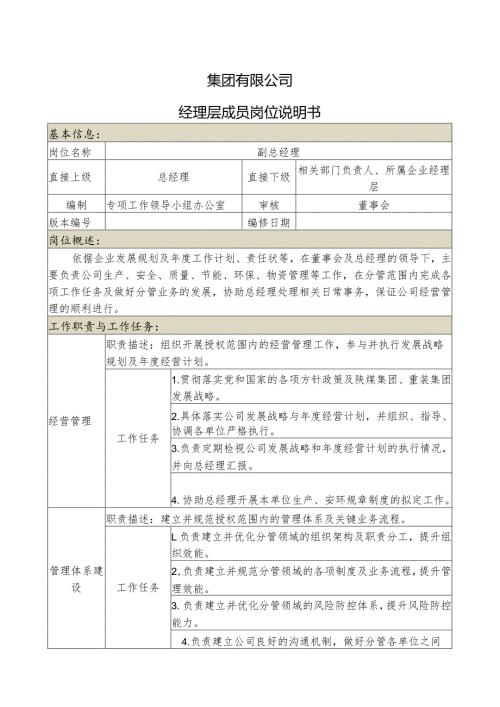 集团公司副总经理岗位说明书（生产安全）.docx