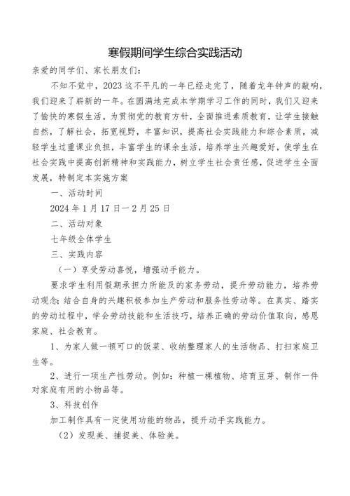 寒假期间学生综合实践活动方案.docx