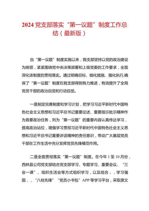 2024党支部落实“第一议题”制度工作总结（最新版）.docx
