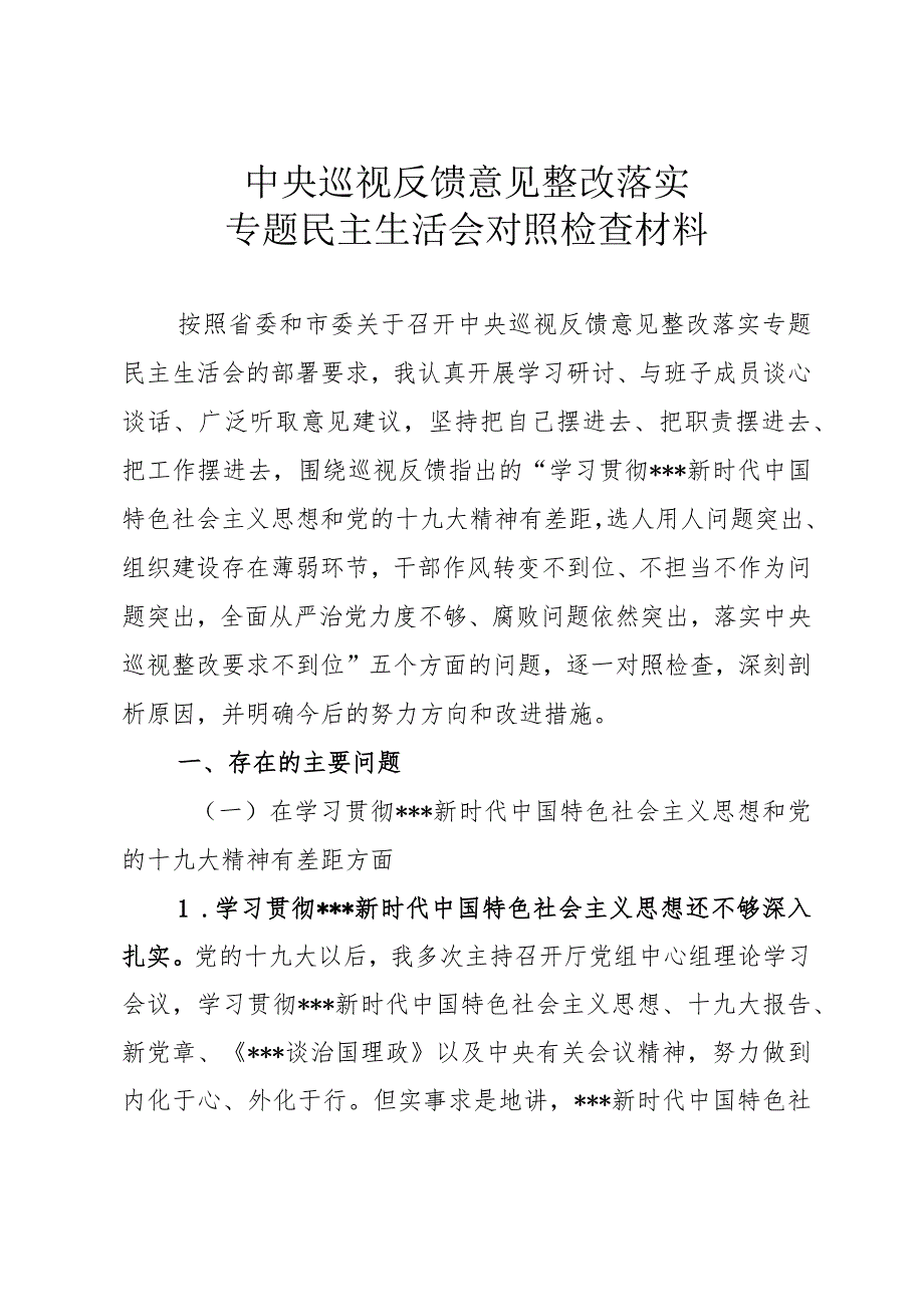 中央巡视反馈意见整改落实民主生活会对照检查材料.docx_第1页
