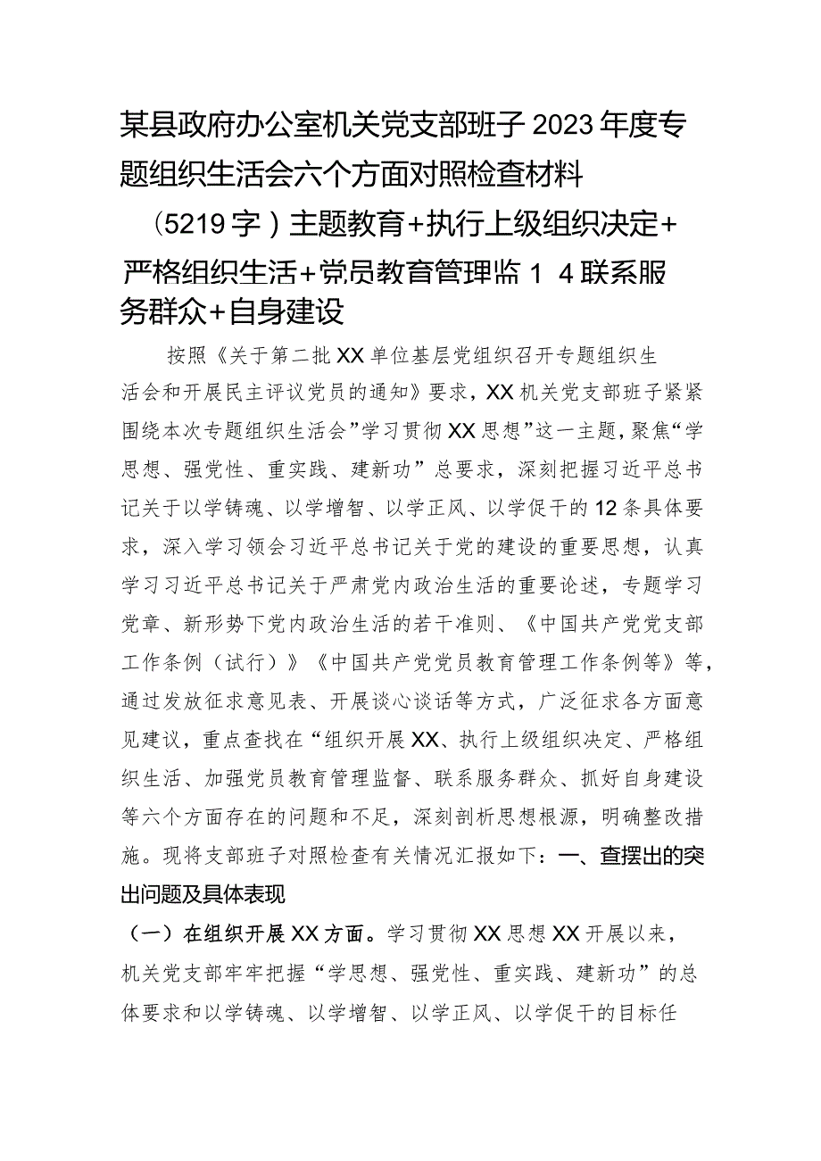（政府办支部班子）2023主题教育专题组织生活会六个方面对照检查材料（主题教育+执行上级组织决定+严格组织生活+党员教育管理监督+联系服务群众+自身建设.docx_第1页