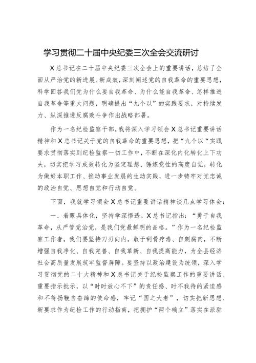 学习贯彻二十纪委三次全会交流研讨发言（纪检心得）.docx