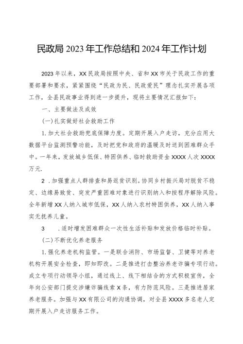 民政局2023年工作总结和2024年工作计划.docx
