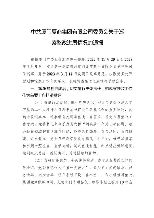 中共厦门夏商集团有限公司委员会关于巡察整改进展情况的通报.docx