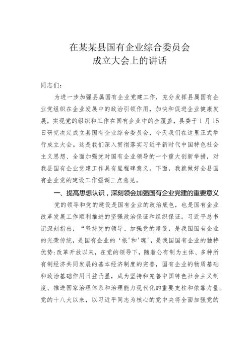 在某某县国有企业综合委员会成立大会上的讲话.docx
