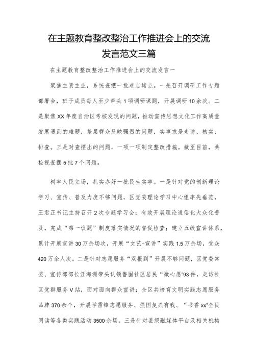 在主题教育整改整治工作推进会上的交流发言范文三篇.docx