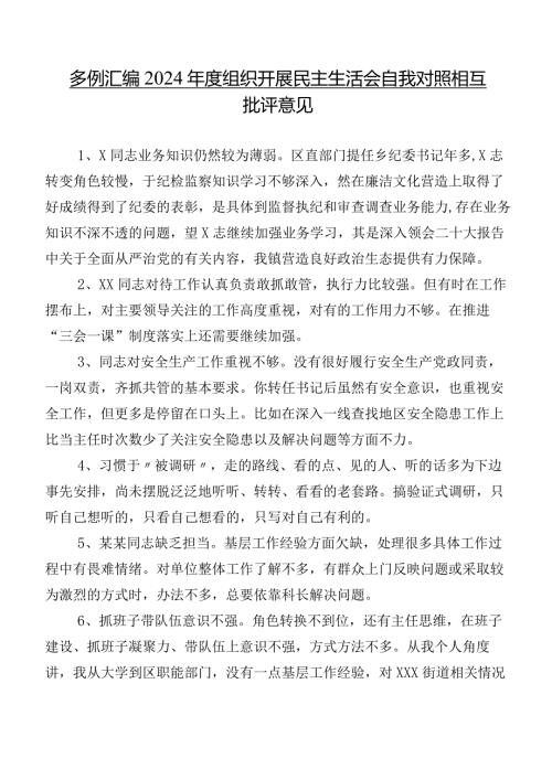 多例汇编2024组织开展民主生活会自我对照相互批评意见.docx