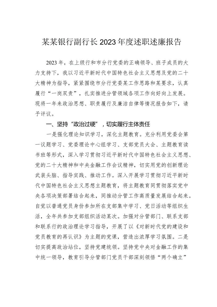 某某银行副行长2023述职述廉报告.docx_第1页