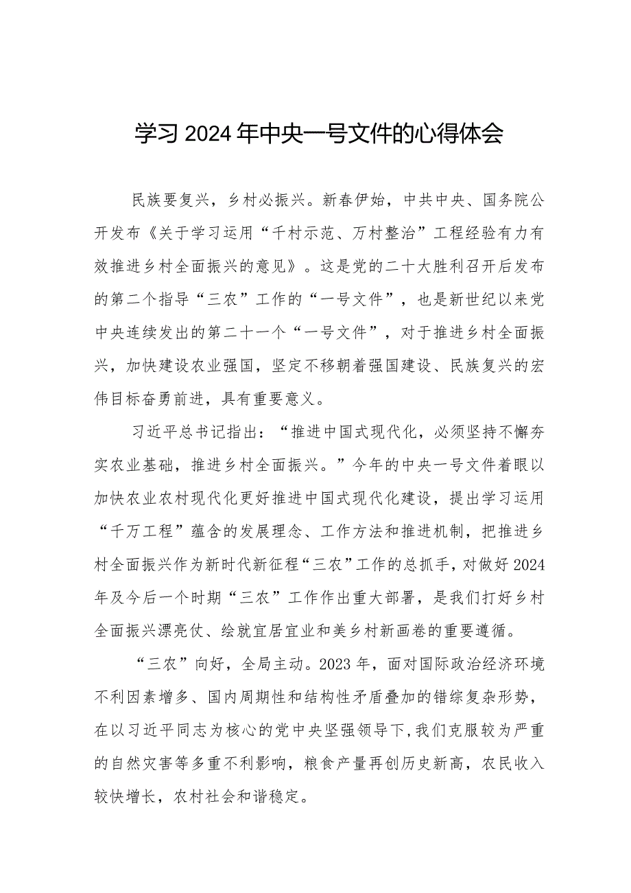 学习贯彻2024年中央一号文件心得体会十四篇.docx_第1页
