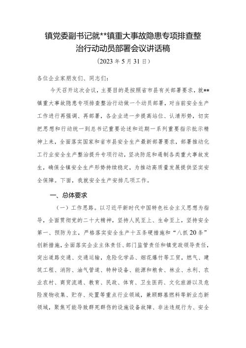 镇重大事故隐患专项排查整治行动动员部署会议讲话稿.docx