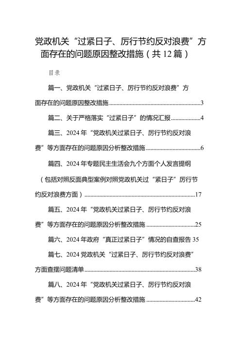 党政机关“过紧日子、厉行节约反对浪费”方面存在的问题原因整改措施12篇（精编版）.docx