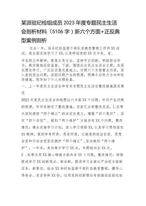 派驻纪检组成员2023专题民主生活会剖析材料（践行宗旨等6个方面+上年整改+正反典型案例剖析）.docx