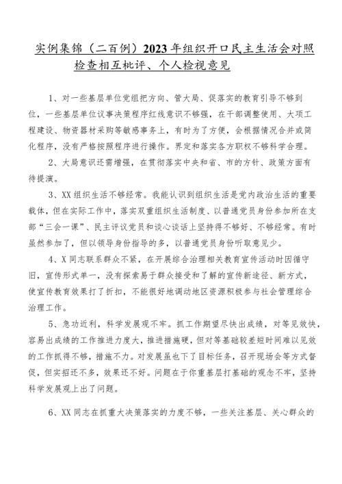 实例集锦（二百例）2023年组织开展民主生活会对照检查相互批评、个人检视意见.docx