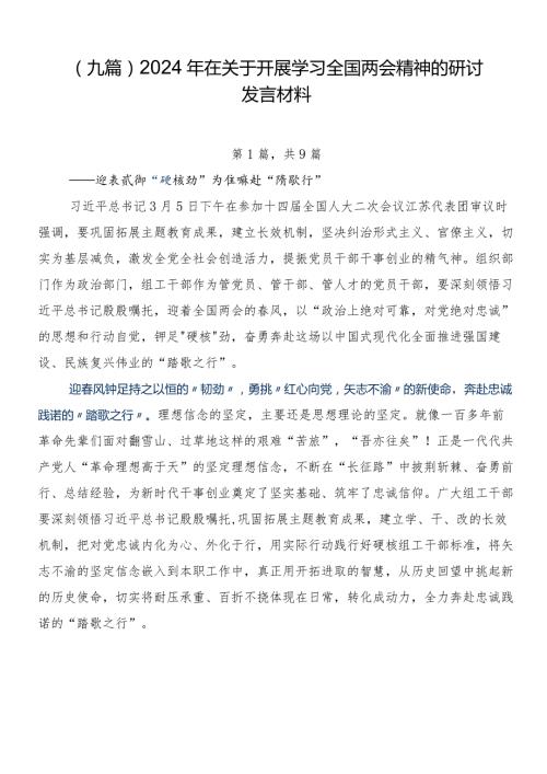 （九篇）2024年在关于开展学习全国两会精神的研讨发言材料.docx