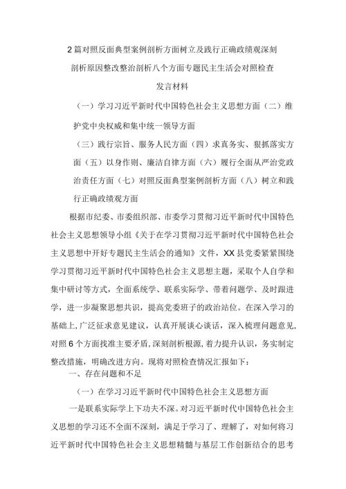2篇对照反面典型案例剖析方面树立及践行正确政绩观深刻剖析原因整改整治剖析八个方面专题民主生活会对照检查发言材料.docx