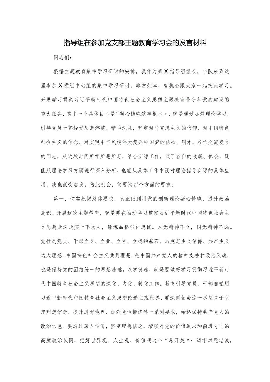 指导组在参加党支部主题教育学习会的发言材料.docx_第1页