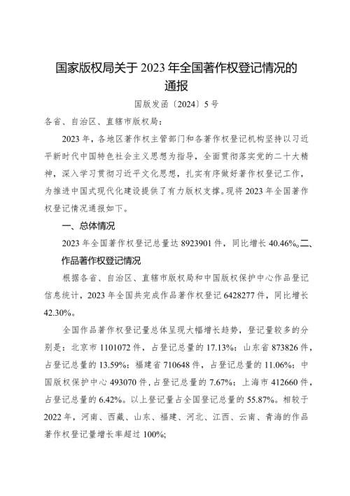 2024.2《国家版权局关于2023年全国著作权登记情况的通报》全文.docx