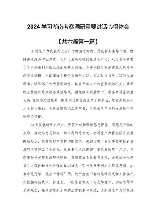 （6篇）2024学习湖南考察调研重要讲话心得体会.docx