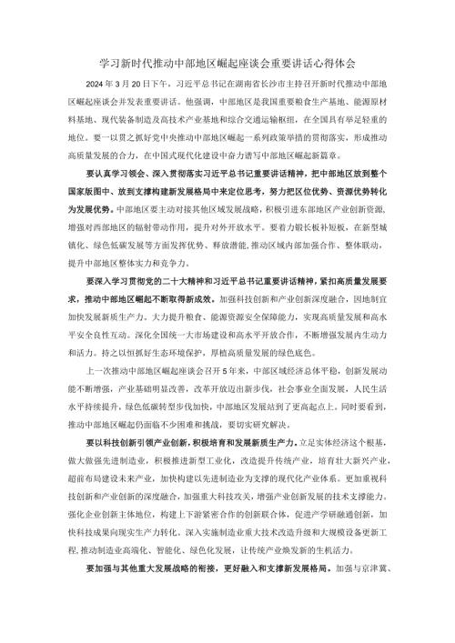 学习新时代推动中部地区崛起座谈会重要讲话心得体会(1).docx