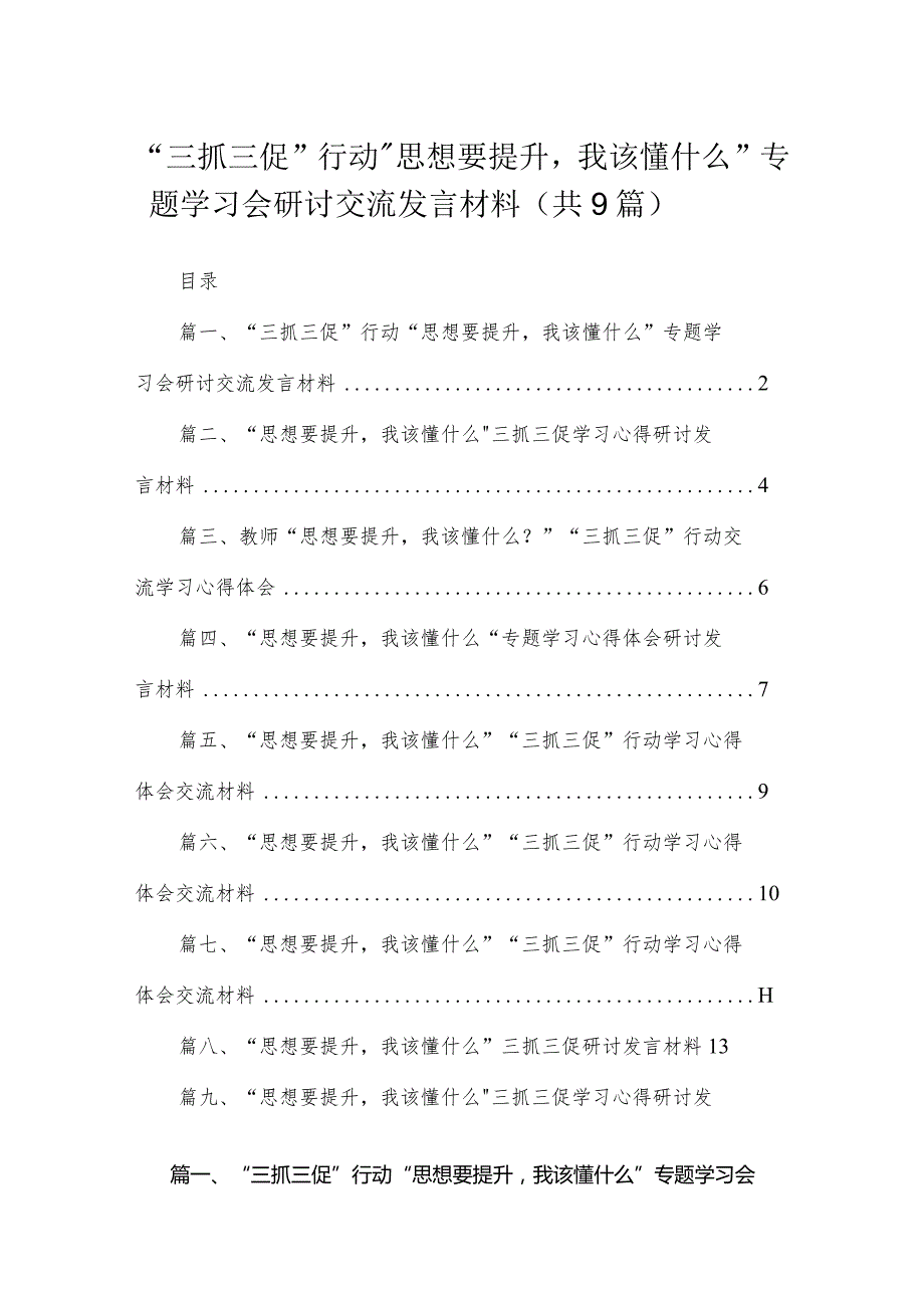 “三抓三促”行动“思想要提升我该懂什么”专题学习会研讨交流发言材料（共9篇）.docx_第1页
