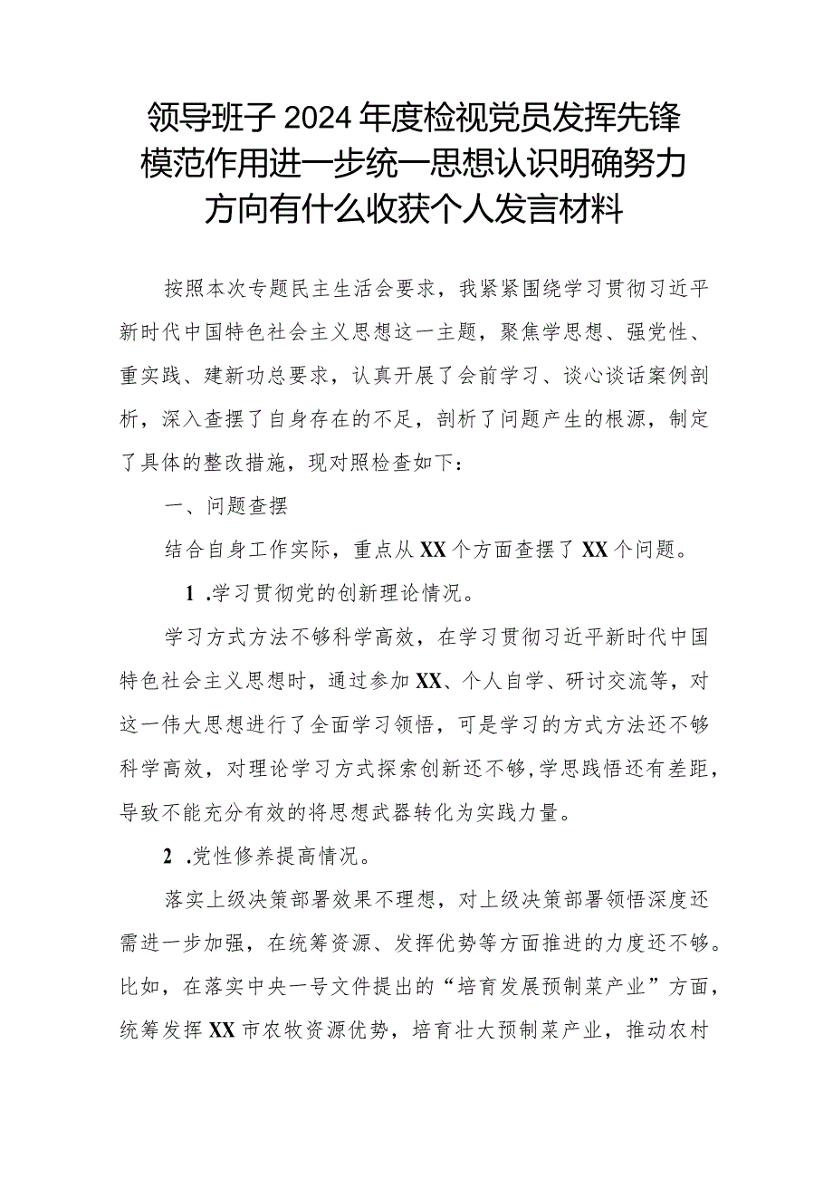 领导班子2024检视党员发挥先锋模范作用进一步统一思想认识明确努力方向有什么收获个人发言材料.docx_第1页