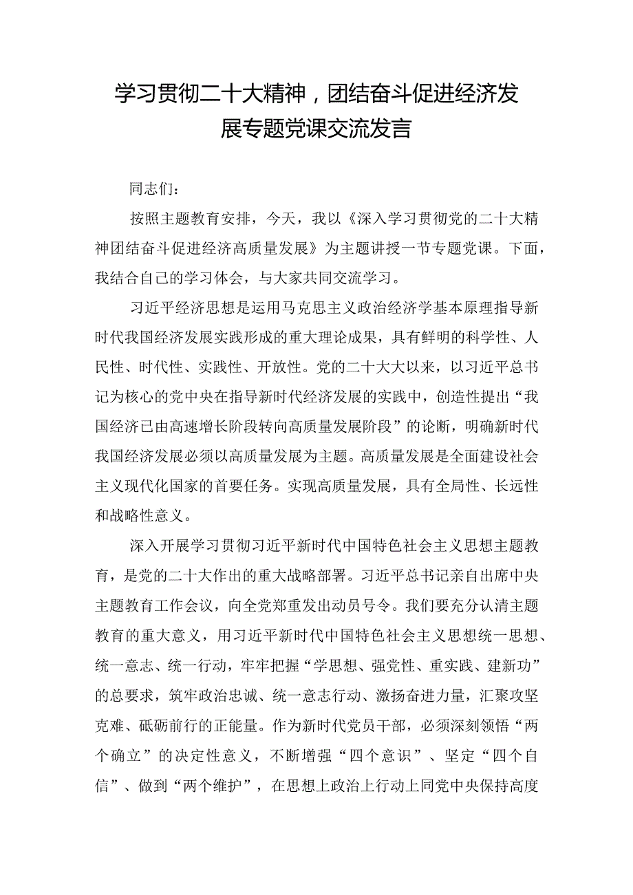 学习贯彻二十大精神团结奋斗促进经济发展专题党课交流发言.docx_第1页