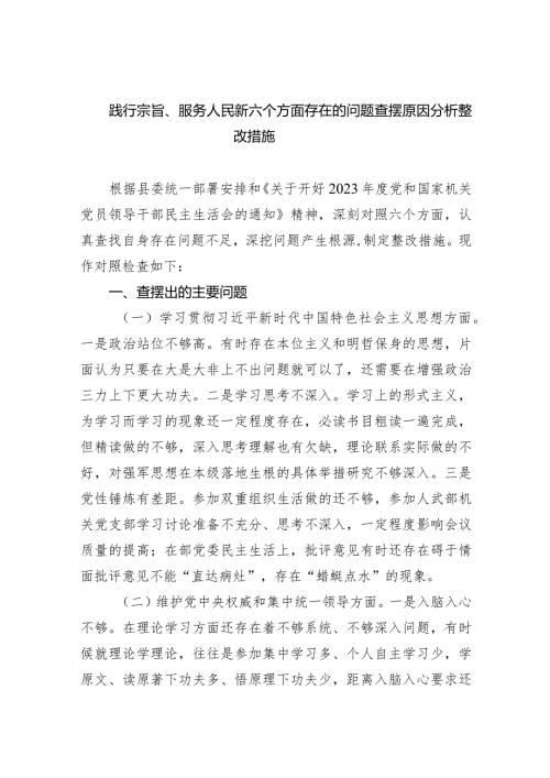 践行宗旨、服务人民新六个方面存在的问题查摆原因分析整改措施精选(共五篇).docx