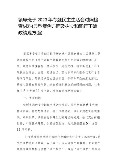 领导班子2023年专题民主生活会对照检查材料(典型案例方面及树立和践行正确政绩观方面).docx