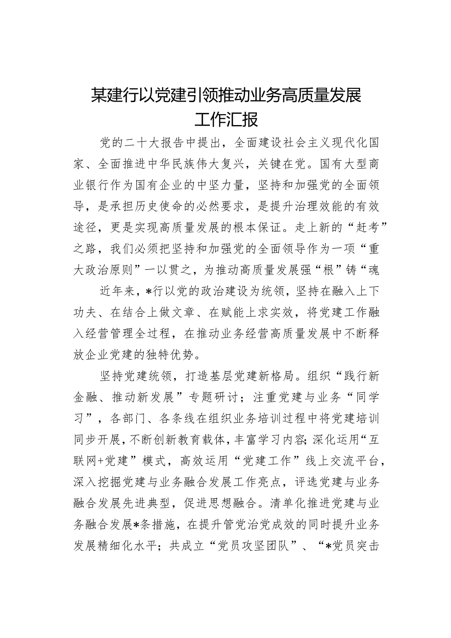 某建行以党建引领推动业务高质量发展工作汇报.docx_第1页