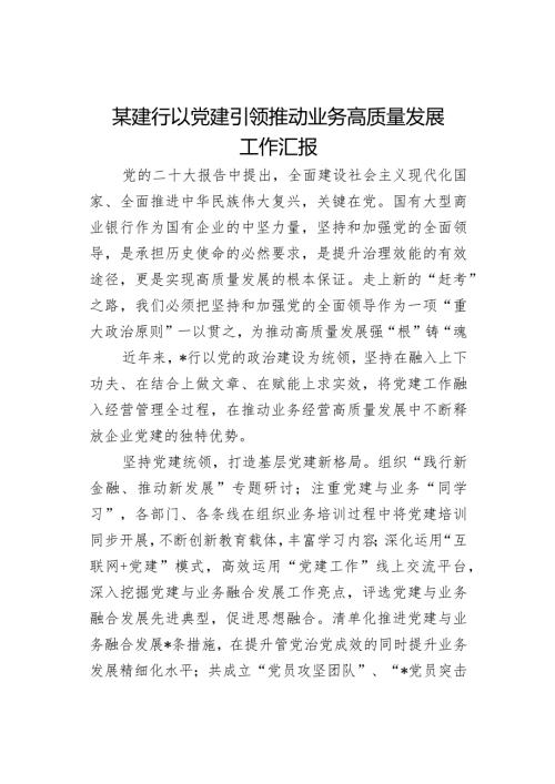 某建行以党建引领推动业务高质量发展工作汇报.docx