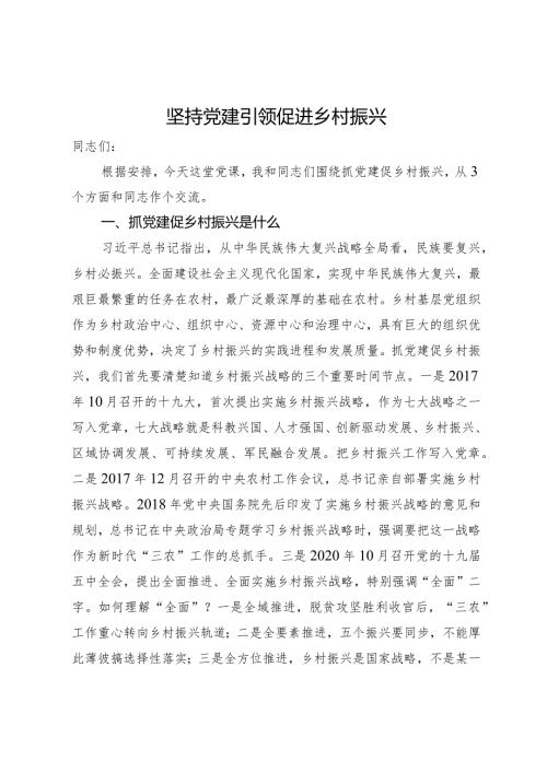 党课：坚持党建引领促进乡村振兴.docx