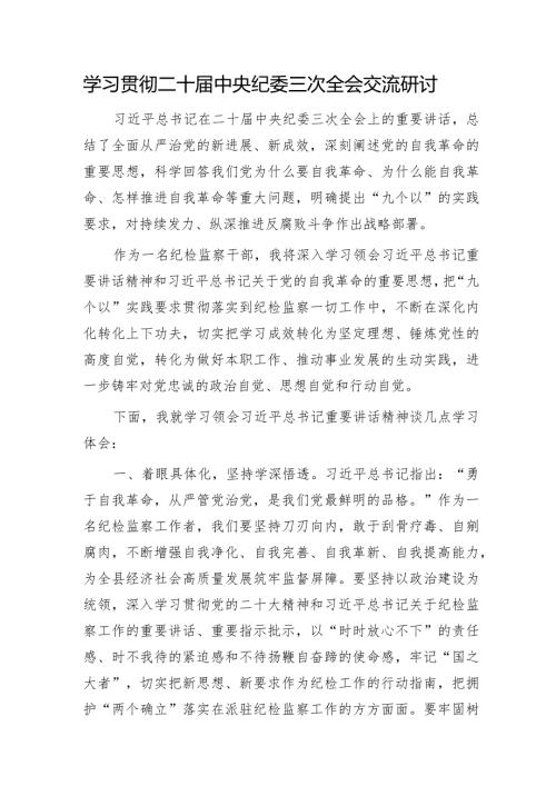 学习贯彻二十纪委三次全会交流研讨发言（纪检心得）(1).docx