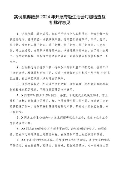 实例集锦数条2024年开展专题生活会对照检查互相批评意见.docx