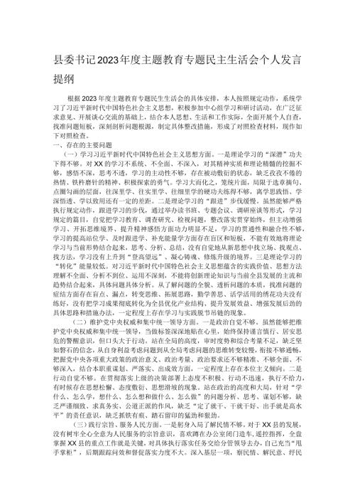 县委书记2023主题教育专题民主生活会个人发言提纲.docx